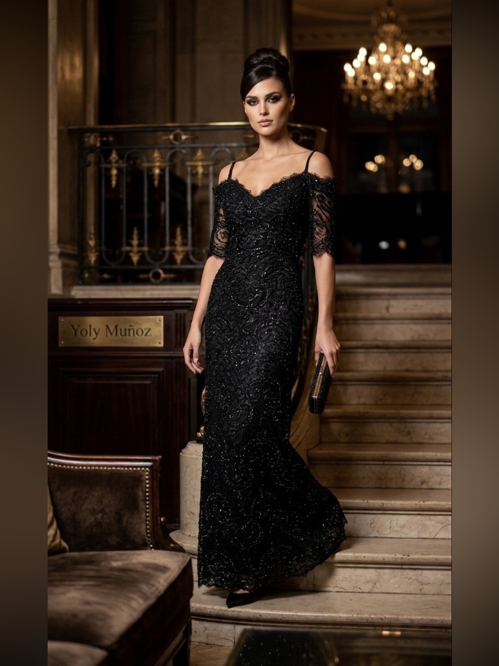 Yoly Munoz Couture Black Illusion Beaded Lace Off The Shoulder Gown Size 8